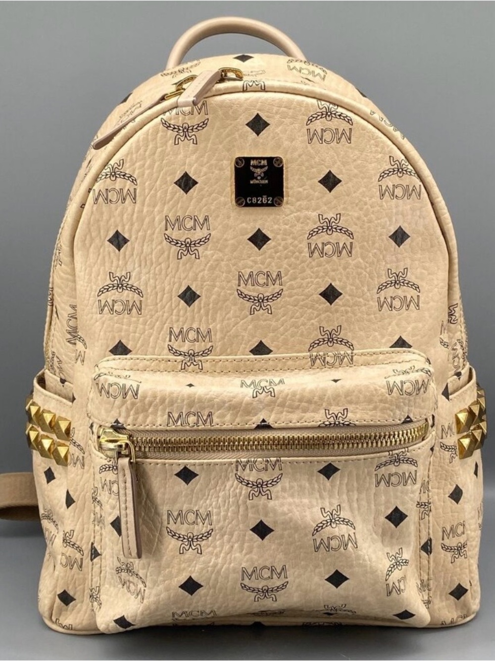 MCM Beige Monogram Studded Mini Backpack